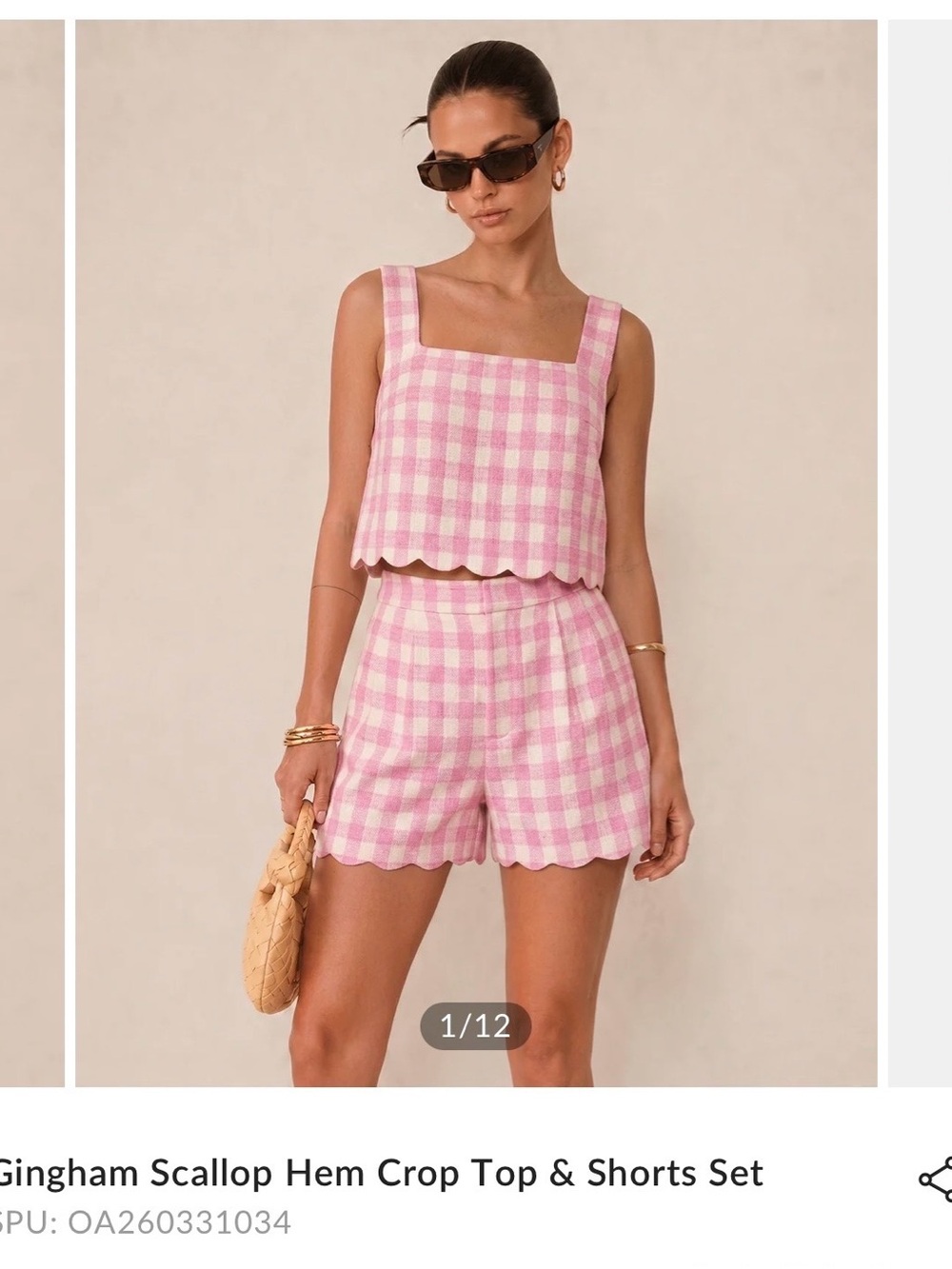 Commense Pink Gingham Scallop Hem Crop Top and Shorts Set